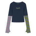 ELFSACK Women's Long Sleeve T-Shirt with Color Block Striped Sleeves, Casual Streetwear Top, Fashionable Layering Tee for Spring