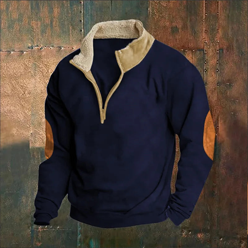 Men's Pullover Sweatshirt Zipper Stand Collar Loose Fit Solid Color Long Sleeve Knitted Polyester 2024 Autumn Winter Wear