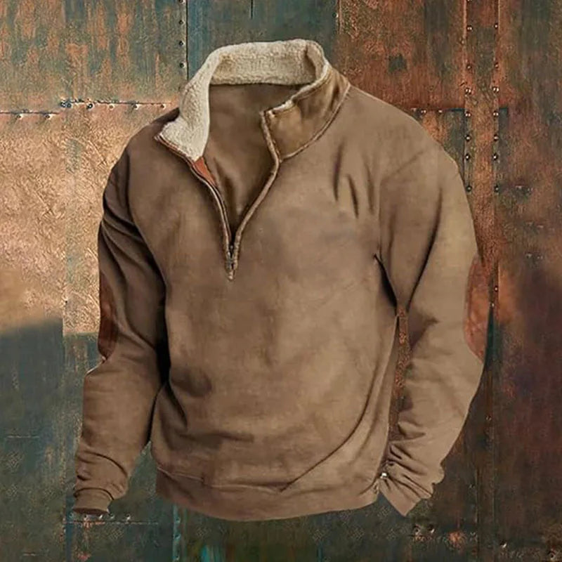 Men's Pullover Sweatshirt Zipper Stand Collar Loose Fit Solid Color Long Sleeve Knitted Polyester 2024 Autumn Winter Wear