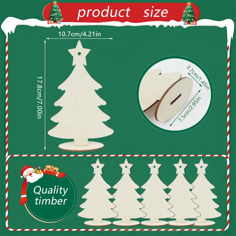 5/10/20Pcs Wooden Christmas Tree Tabletop Ornaments with Base Ropes Blank Xmas Tree Kids DIY Painting Craft Gift Home Decoration
