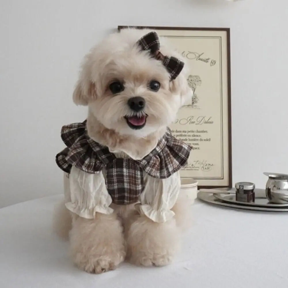 Retro Pet Plaid Strap Skirt Breathable Thin Design Dog Vest Dresses Soft Flying Sleeve Pet Clothes For Puppy Kittens