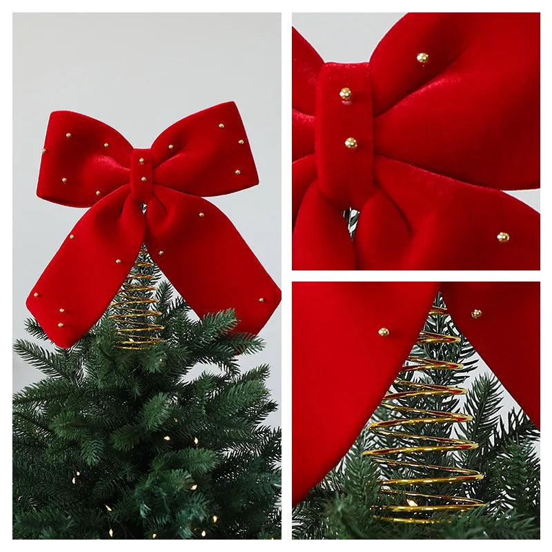 Wine Red Velvet Christmas Tree Topper Star Ornament Bow Tree Top Star Table Decoration