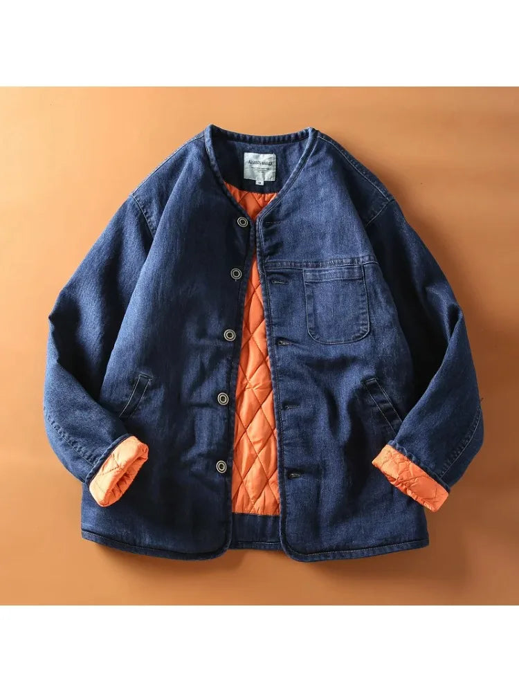Autumn and Winter New Japan Fashion Retro Kaji Men's Collarless Quilted Thickened Warm Denim Jacket Cotton-Padded Coat ZL623