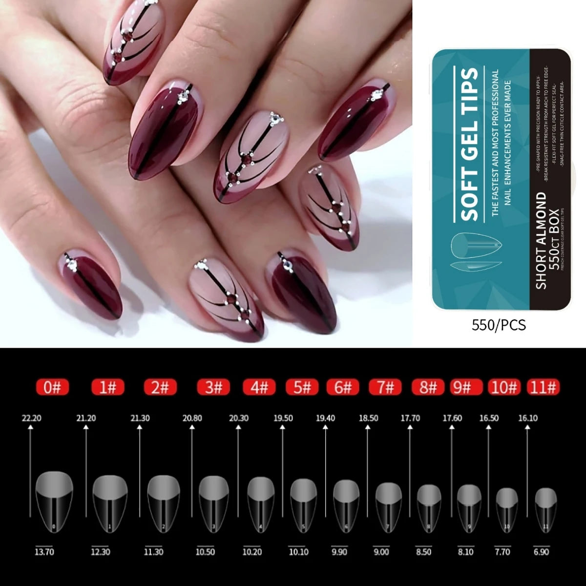 550pcs Coffin Almond Soft Gel Nail Tips False Half Cover Press On Acrylic Nails 11Sizes Fake Nails DIY Manicure Extension Tools