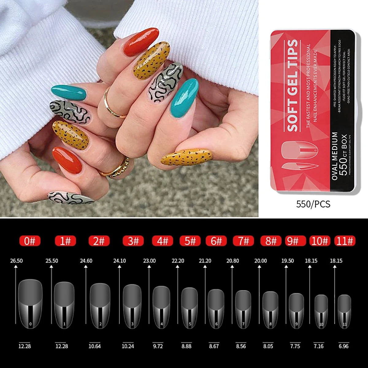 550pcs Coffin Almond Soft Gel Nail Tips False Half Cover Press On Acrylic Nails 11Sizes Fake Nails DIY Manicure Extension Tools