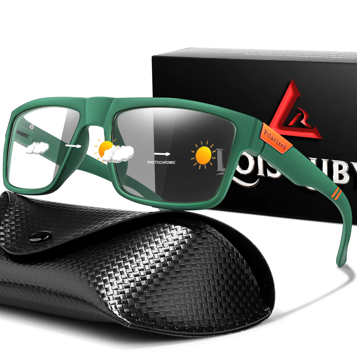 Photochrome Sonnenbrille mit PU-Etui, Vintage-Vollrahmen mit eckiger Form