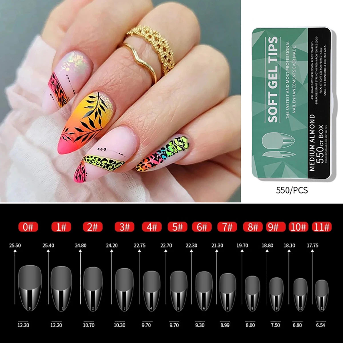550pcs Coffin Almond Soft Gel Nail Tips False Half Cover Press On Acrylic Nails 11Sizes Fake Nails DIY Manicure Extension Tools
