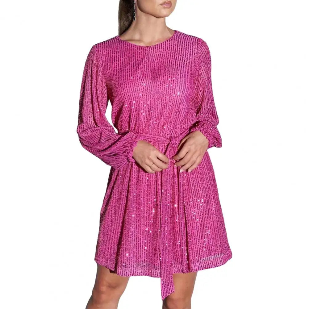 Sexy Club Party kurzes Kleid Damen glitzerndes Pailletten-Minikleid Glitzer-U-Boot-Ausschnitt Swing-Kleid schillerndes Pailletten-Outfit