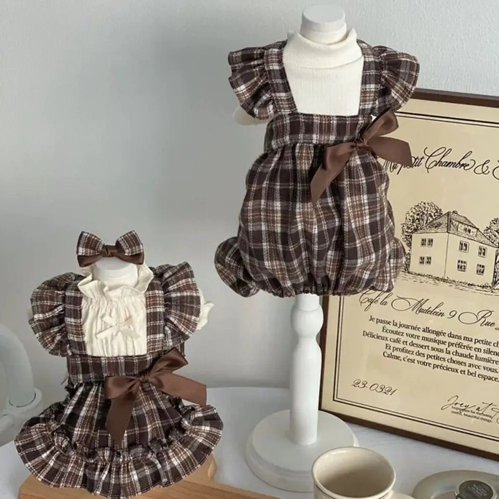 Retro Pet Plaid Strap Skirt Breathable Thin Design Dog Vest Dresses Soft Flying Sleeve Pet Clothes For Puppy Kittens