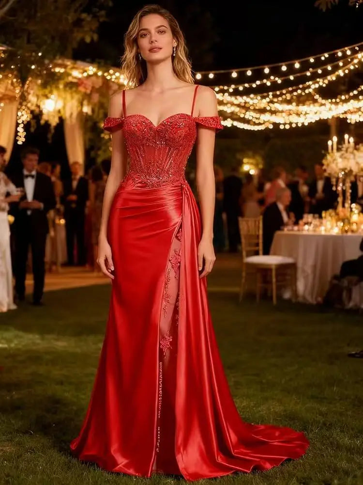 Red Off Shoulder Sexy Prom Dresses Champagne Sweetheart Beaded Formal Evening Party Gowns High Side Slit Corset 2026 Customized