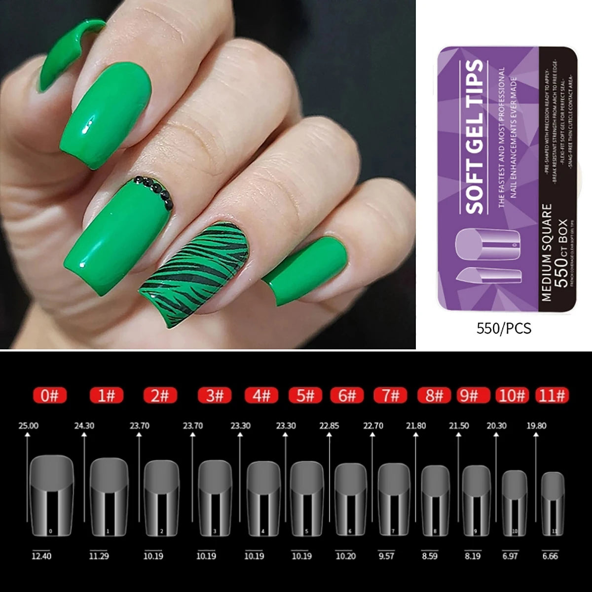 550pcs Coffin Almond Soft Gel Nail Tips False Half Cover Press On Acrylic Nails 11Sizes Fake Nails DIY Manicure Extension Tools