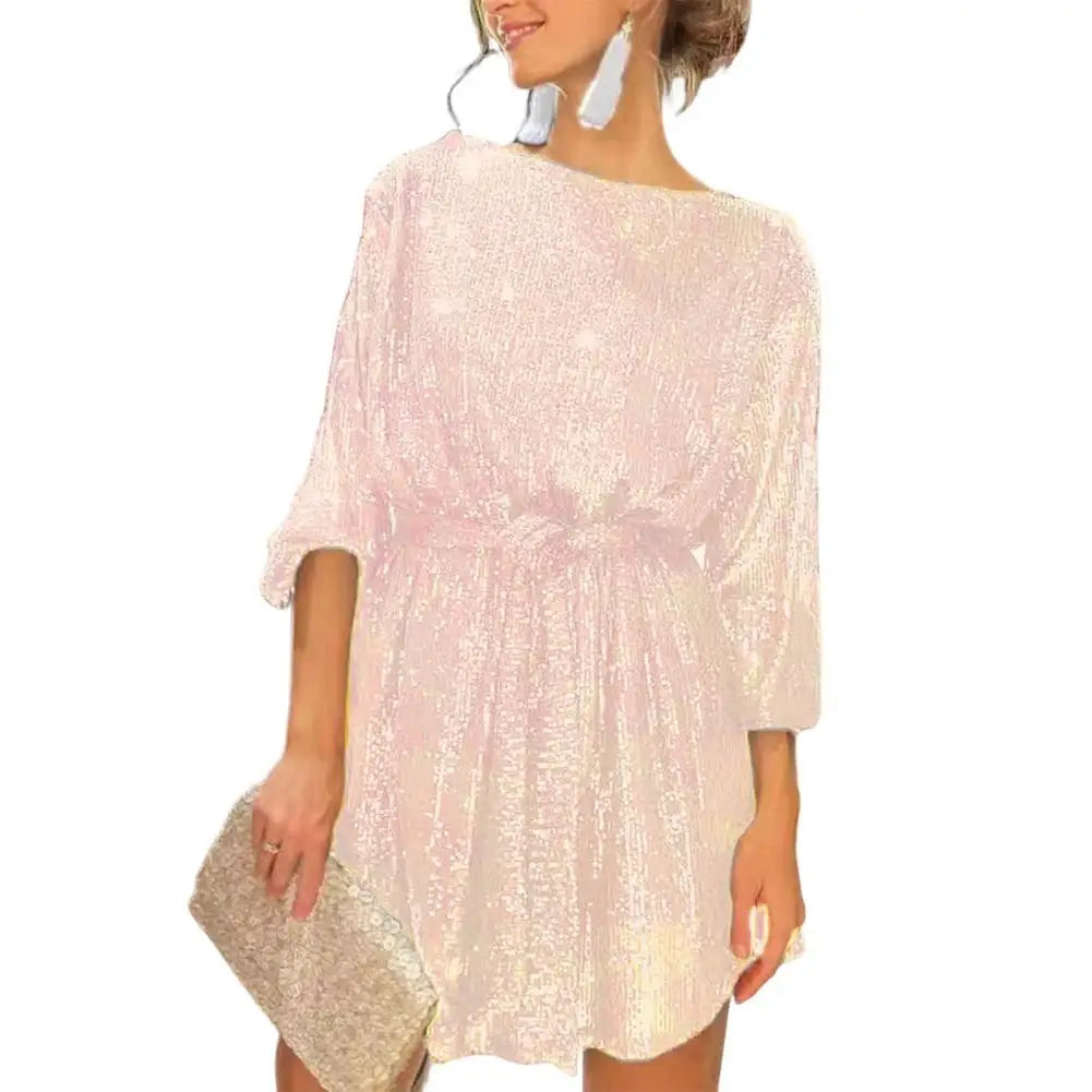 Sexy Club Party kurzes Kleid Damen glitzerndes Pailletten-Minikleid Glitzer-U-Boot-Ausschnitt Swing-Kleid schillerndes Pailletten-Outfit