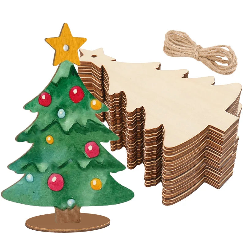 5/10/20Pcs Wooden Christmas Tree Tabletop Ornaments with Base Ropes Blank Xmas Tree Kids DIY Painting Craft Gift Home Decoration