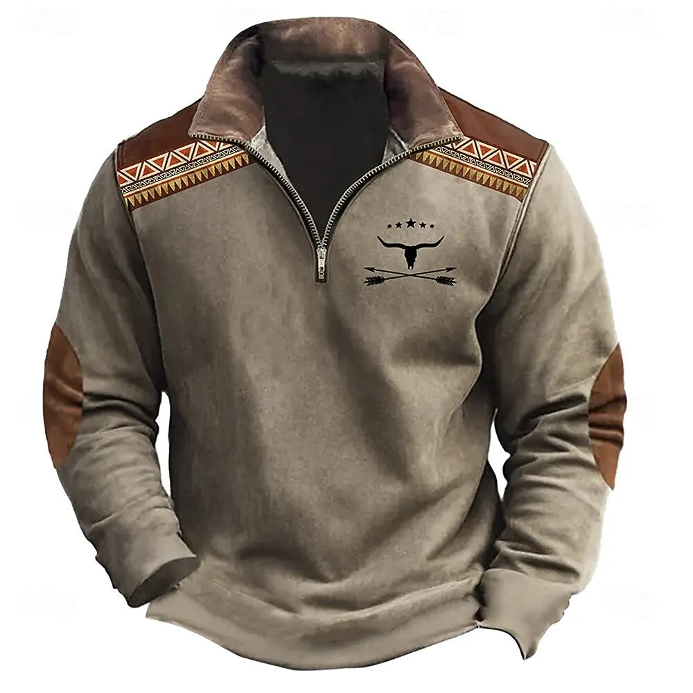 Men's Simple Design Zipper Sweatshirt 3D Vintage Print Casual Comfortable Long Sleeve Pullover Autumn Fashion Cool Style Clothes