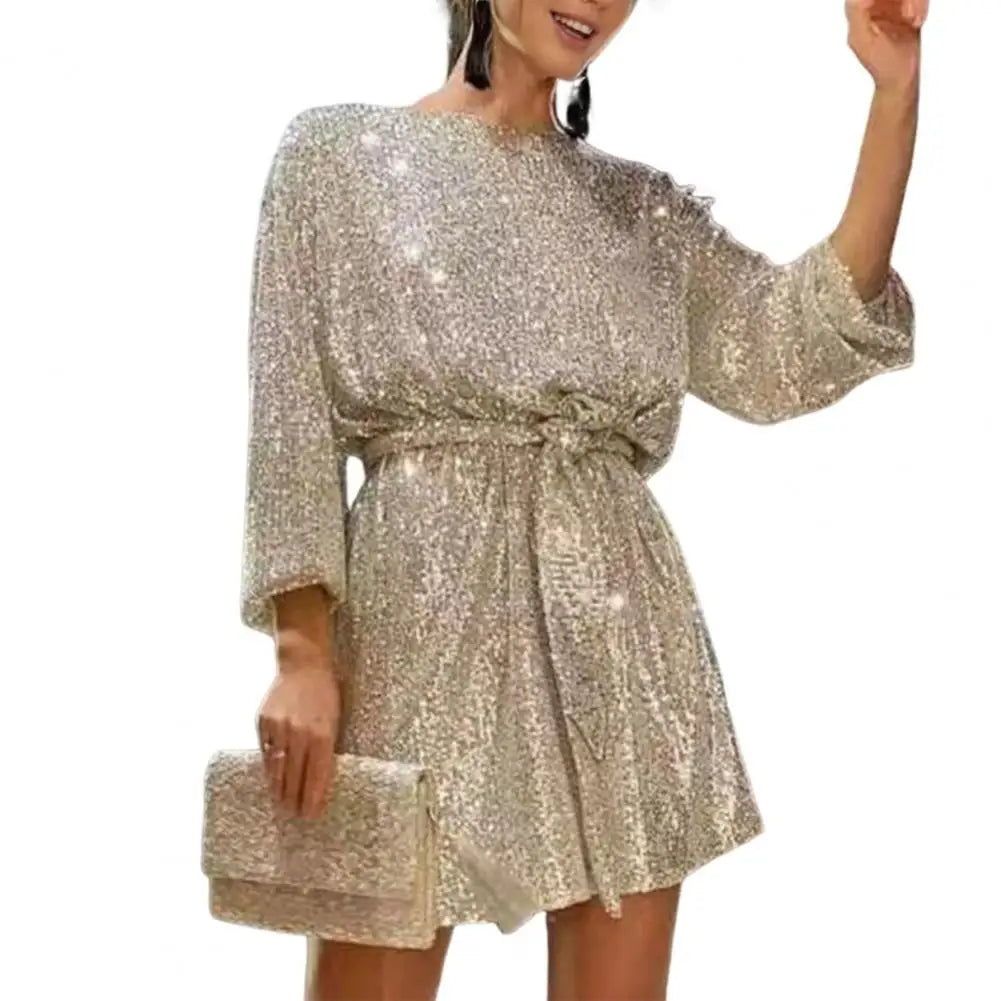 Sexy Club Party kurzes Kleid Damen glitzerndes Pailletten-Minikleid Glitzer-U-Boot-Ausschnitt Swing-Kleid schillerndes Pailletten-Outfit