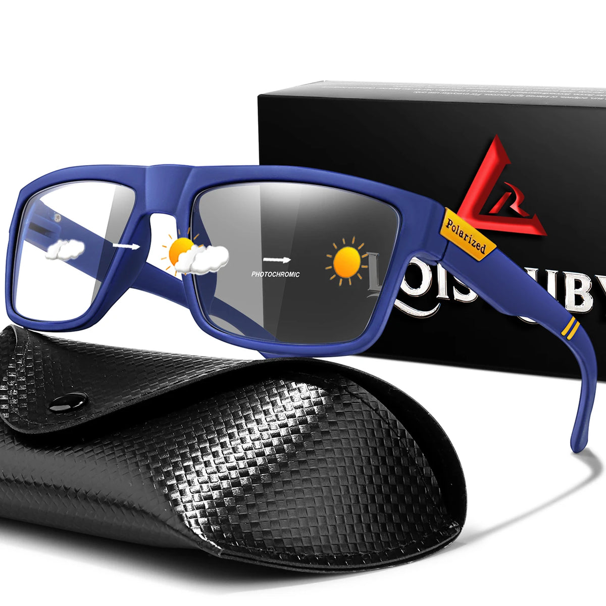 Photochrome Sonnenbrille mit PU-Etui, Vintage-Vollrahmen mit eckiger Form