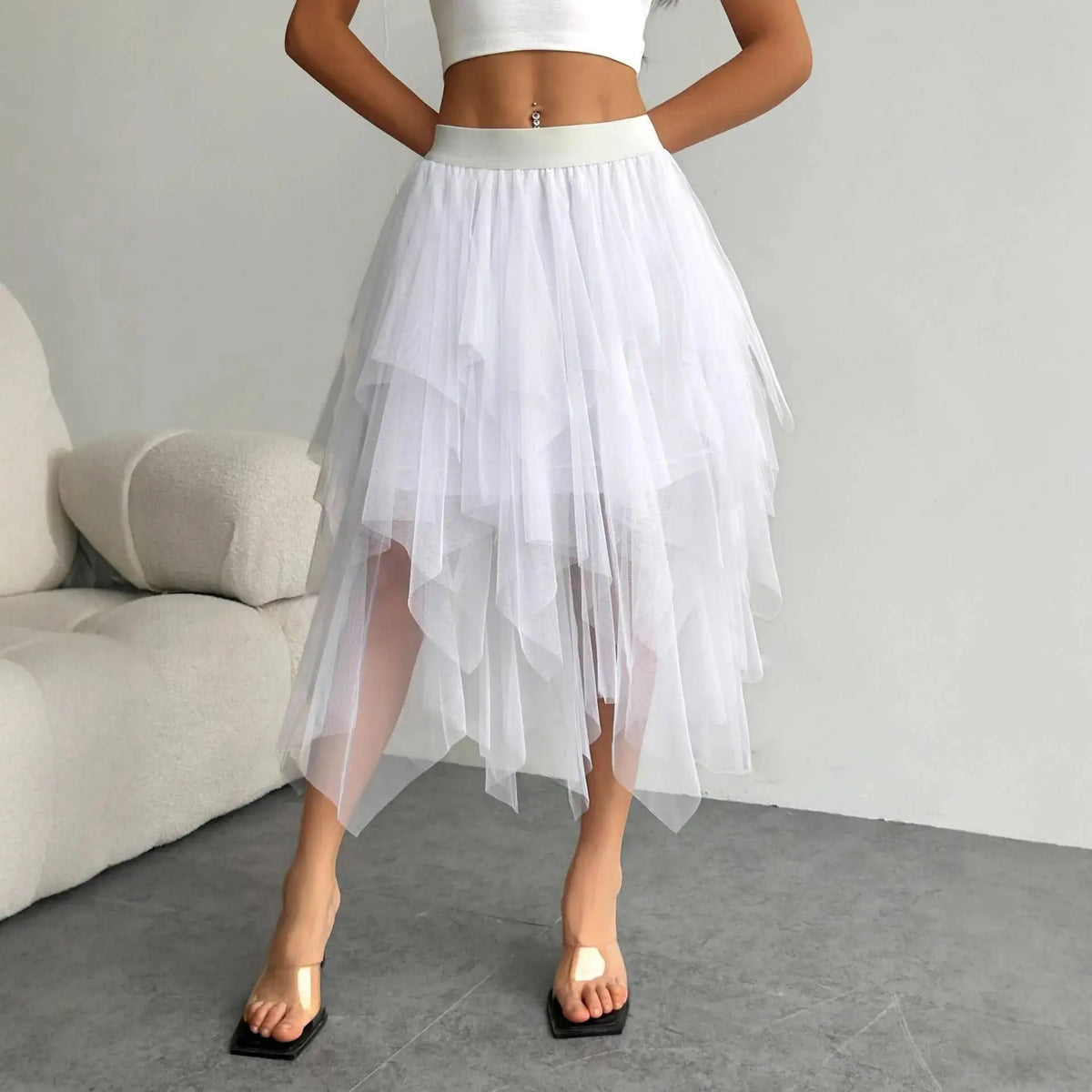 Falda midi de tul con volantes para fiestas