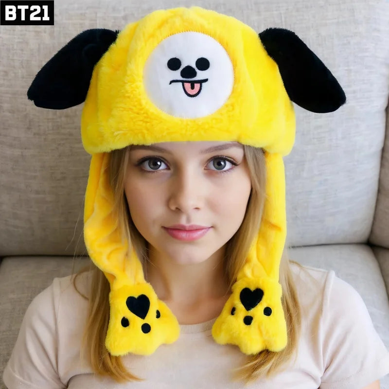 Anime BT21 Plush Ear Protection Scarf Hat Cartoon Cute Cooky RJ Chimmy Winter Fashion Furry One-piece Warm Hat Gift