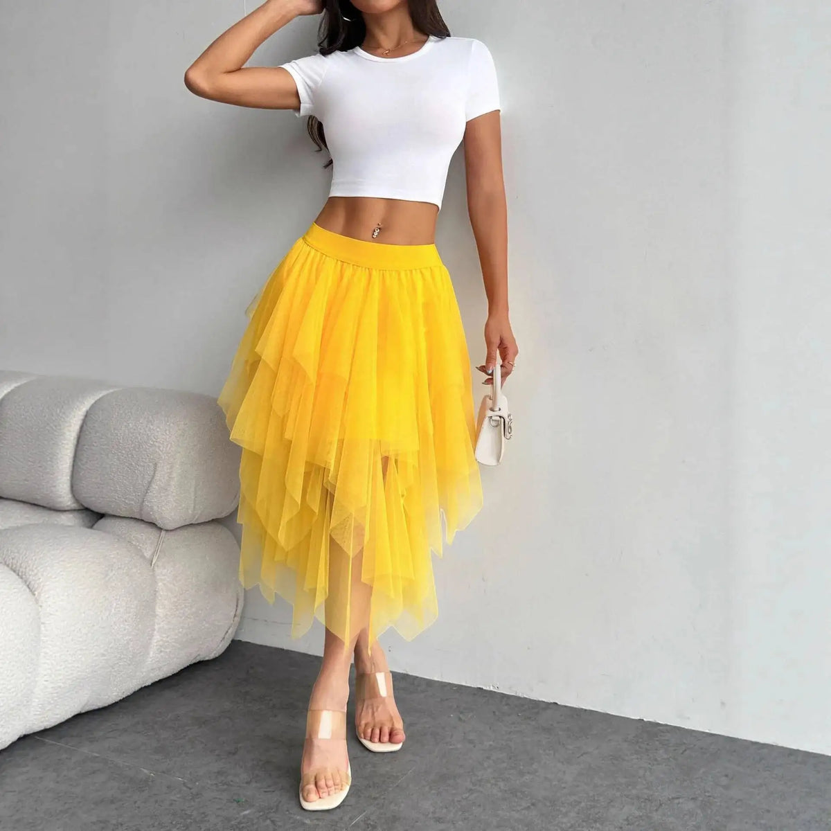 Falda midi de tul con volantes para fiestas