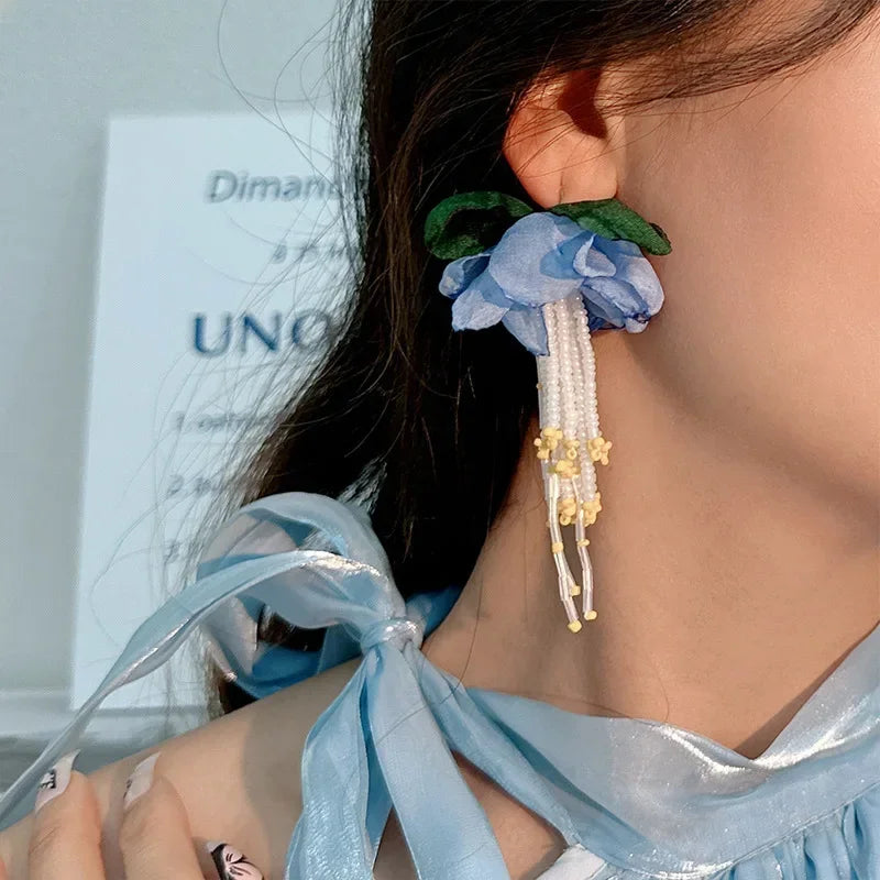 Bohemian Fabric Long Flower Earrings Big Statement Earrings Fringe Beads Drop Earrings Women Jewelry Handmade Vintage Earrings