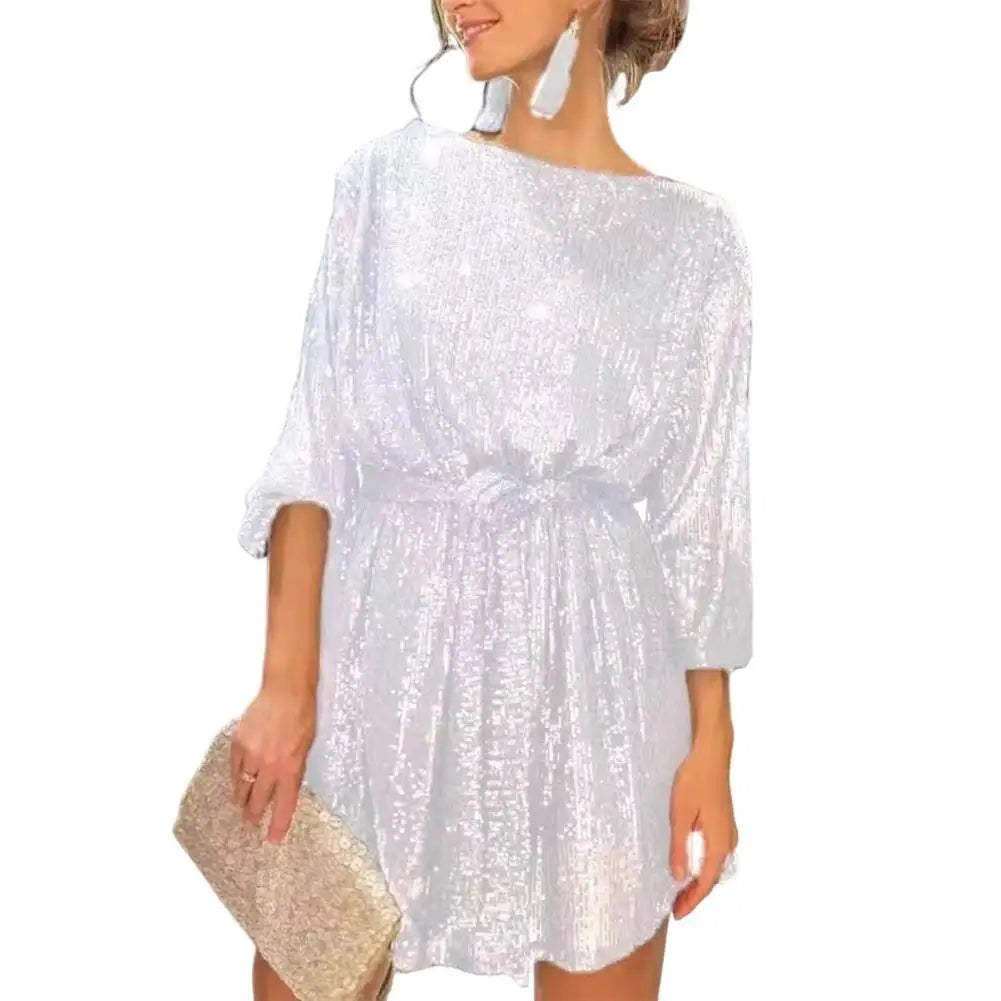 Sexy Club Party kurzes Kleid Damen glitzerndes Pailletten-Minikleid Glitzer-U-Boot-Ausschnitt Swing-Kleid schillerndes Pailletten-Outfit