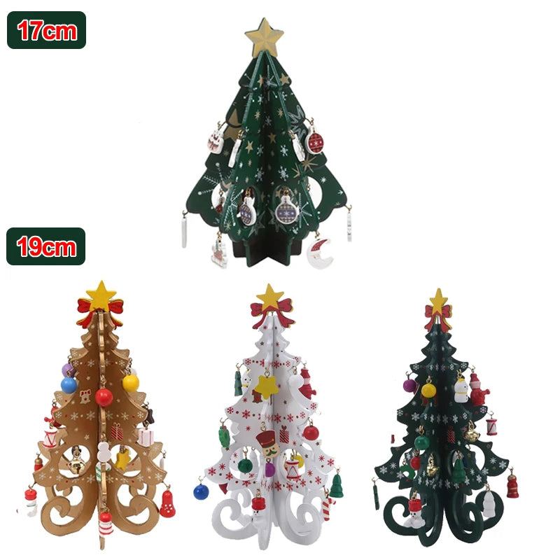 Three small decorative Christmas trees in gold, white, and green with colorful ornaments.