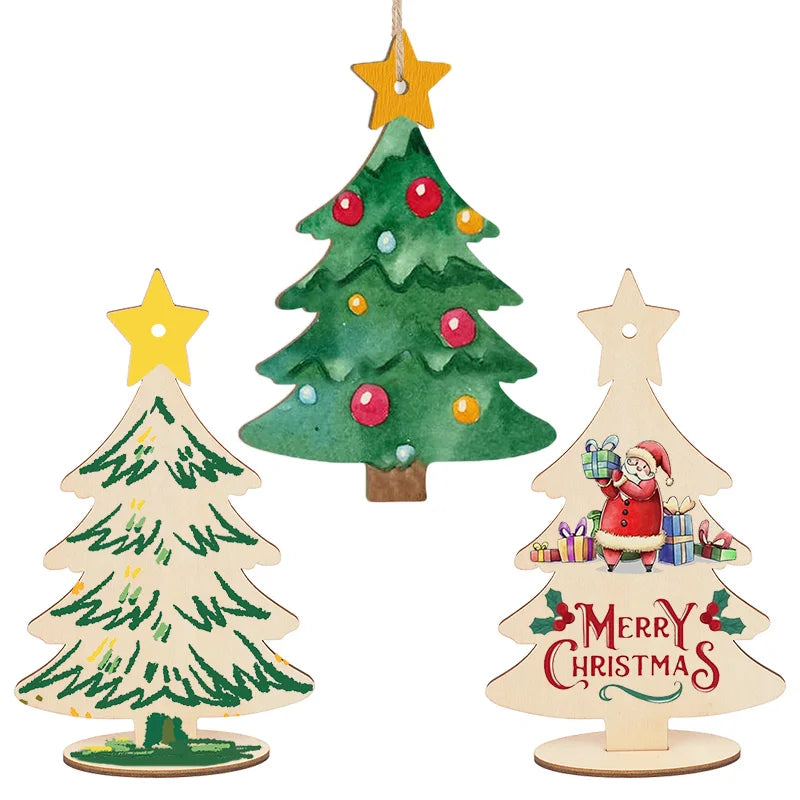 5/10/20Pcs Wooden Christmas Tree Tabletop Ornaments with Base Ropes Blank Xmas Tree Kids DIY Painting Craft Gift Home Decoration