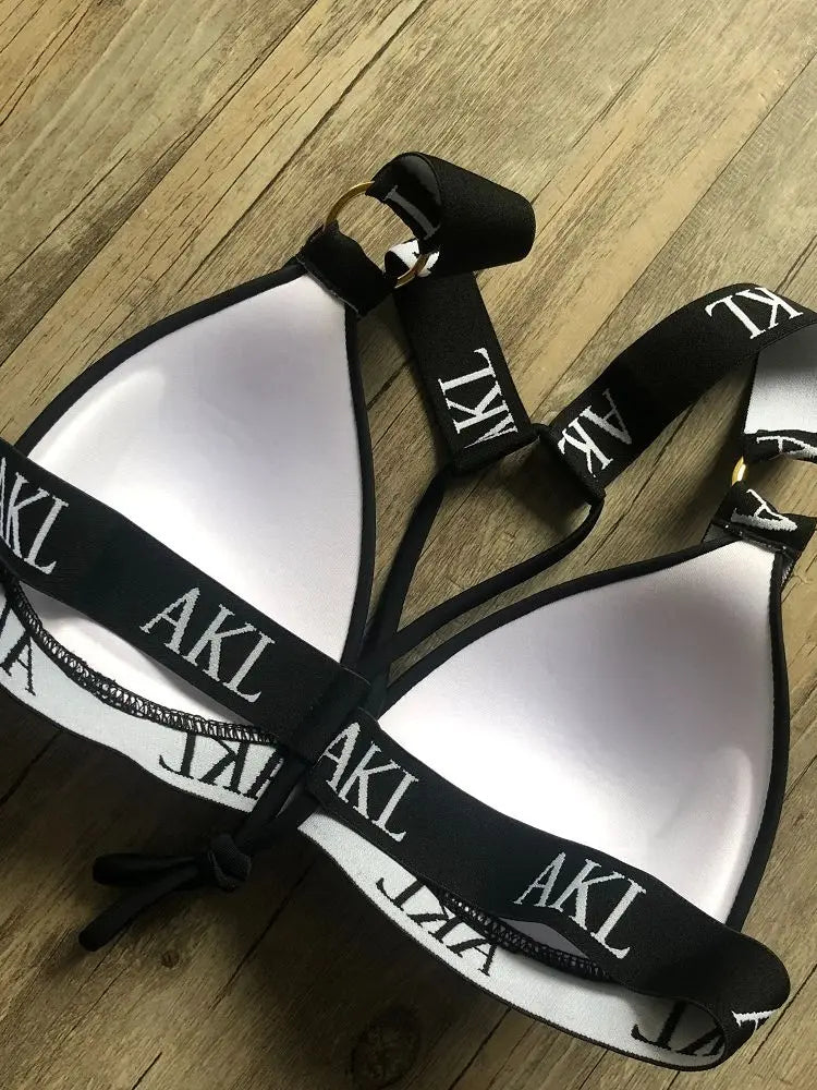 Damen-Bikini-Set 2026 mit Buchstabenprint, Push-up, Schwarz