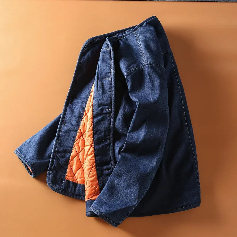 Autumn and Winter New Japan Fashion Retro Kaji Men's Collarless Quilted Thickened Warm Denim Jacket Cotton-Padded Coat ZL623