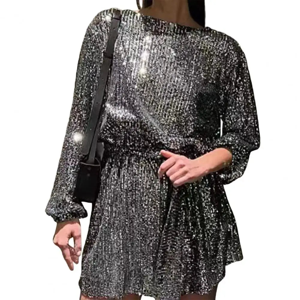 Sexy Club Party kurzes Kleid Damen glitzerndes Pailletten-Minikleid Glitzer-U-Boot-Ausschnitt Swing-Kleid schillerndes Pailletten-Outfit