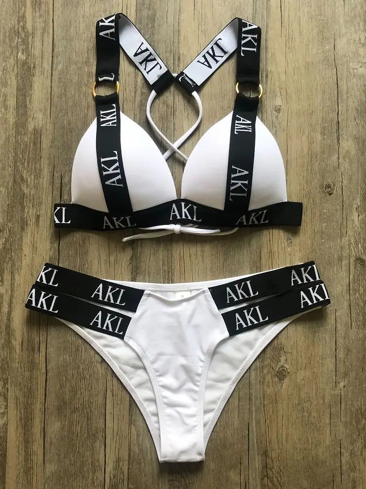 Damen-Bikini-Set 2026 mit Buchstabenprint, Push-up, Schwarz