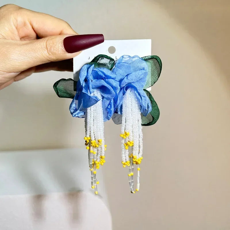 Bohemian Fabric Long Flower Earrings Big Statement Earrings Fringe Beads Drop Earrings Women Jewelry Handmade Vintage Earrings