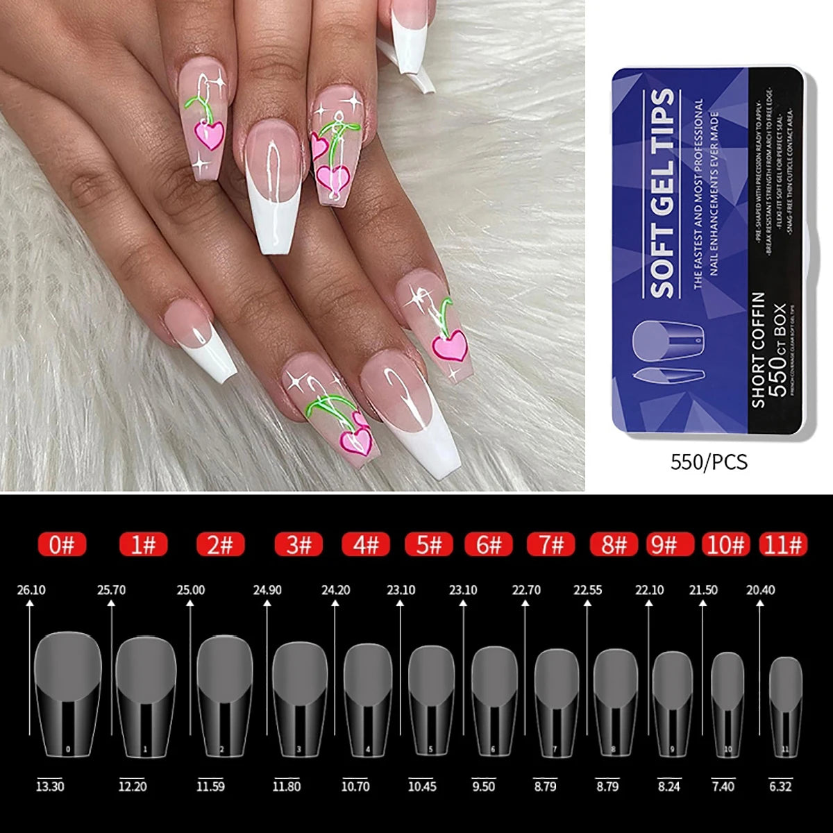 550pcs Coffin Almond Soft Gel Nail Tips False Half Cover Press On Acrylic Nails 11Sizes Fake Nails DIY Manicure Extension Tools