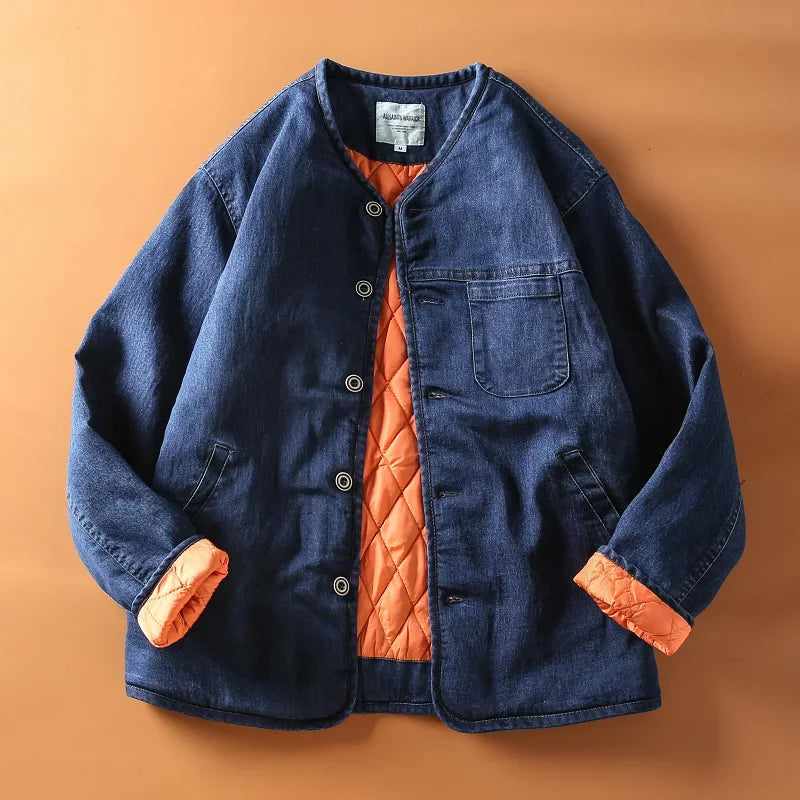 Autumn and Winter New Japan Fashion Retro Kaji Men's Collarless Quilted Thickened Warm Denim Jacket Cotton-Padded Coat ZL623