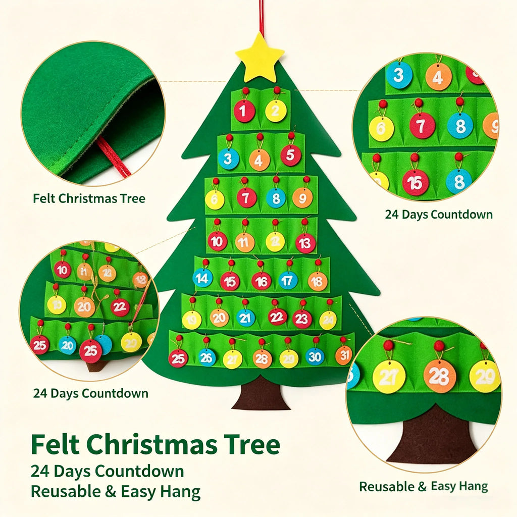 Christmas Tree Decoration Countdown Calendar DIY Reusable Advent Calendar for Hanging Christmas Party Holiday Home Decoration