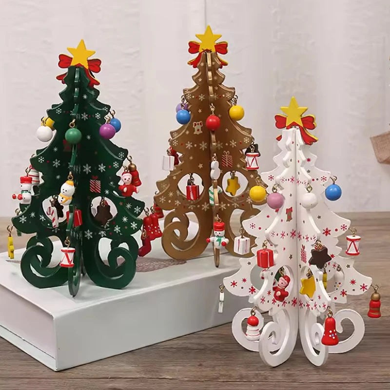 Three decorative Christmas trees in green, brown, and white with colorful ornaments and stars.