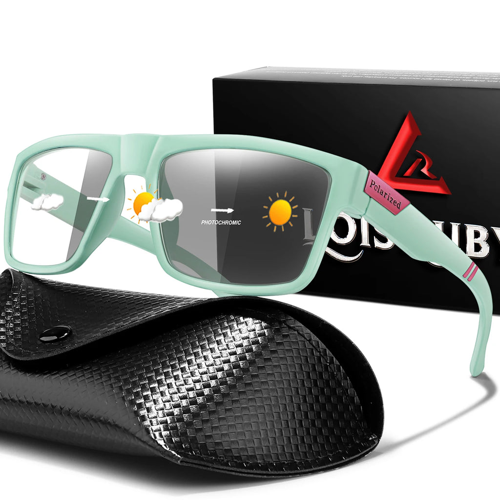 Photochromic Sunglasses With PU Case for Men and Women Vintage Square Full Frame Glasses for Hiking Running Cycling and Fishing