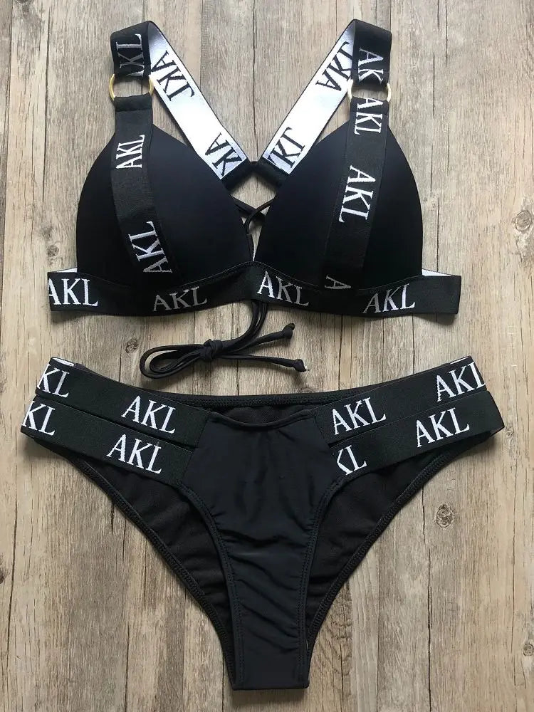 Damen-Bikini-Set 2026 mit Buchstabenprint, Push-up, Schwarz