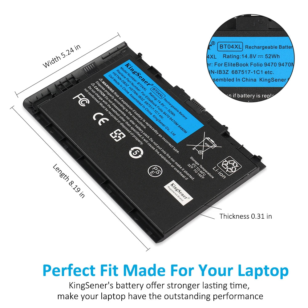 Bateria 52 Wh para HP EliteBook Folio 9470 e 9480
