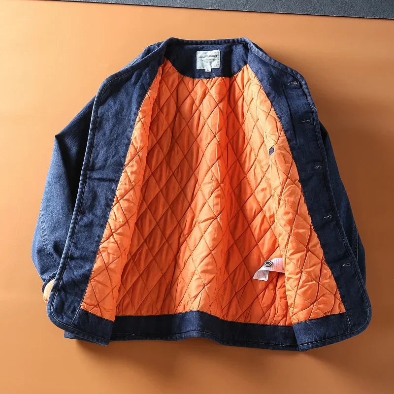 Autumn and Winter New Japan Fashion Retro Kaji Men's Collarless Quilted Thickened Warm Denim Jacket Cotton-Padded Coat ZL623
