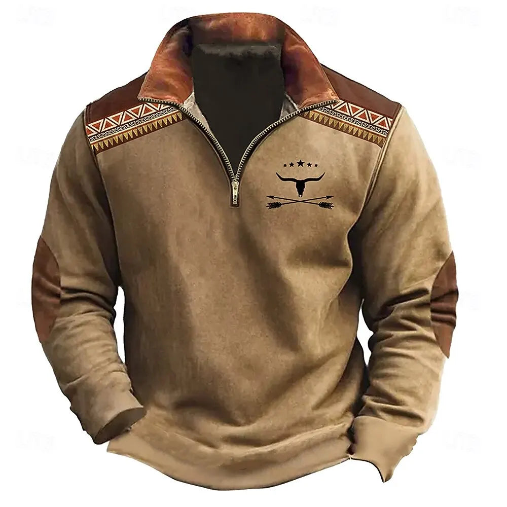 Men's Simple Design Zipper Sweatshirt 3D Vintage Print Casual Comfortable Long Sleeve Pullover Autumn Fashion Cool Style Clothes