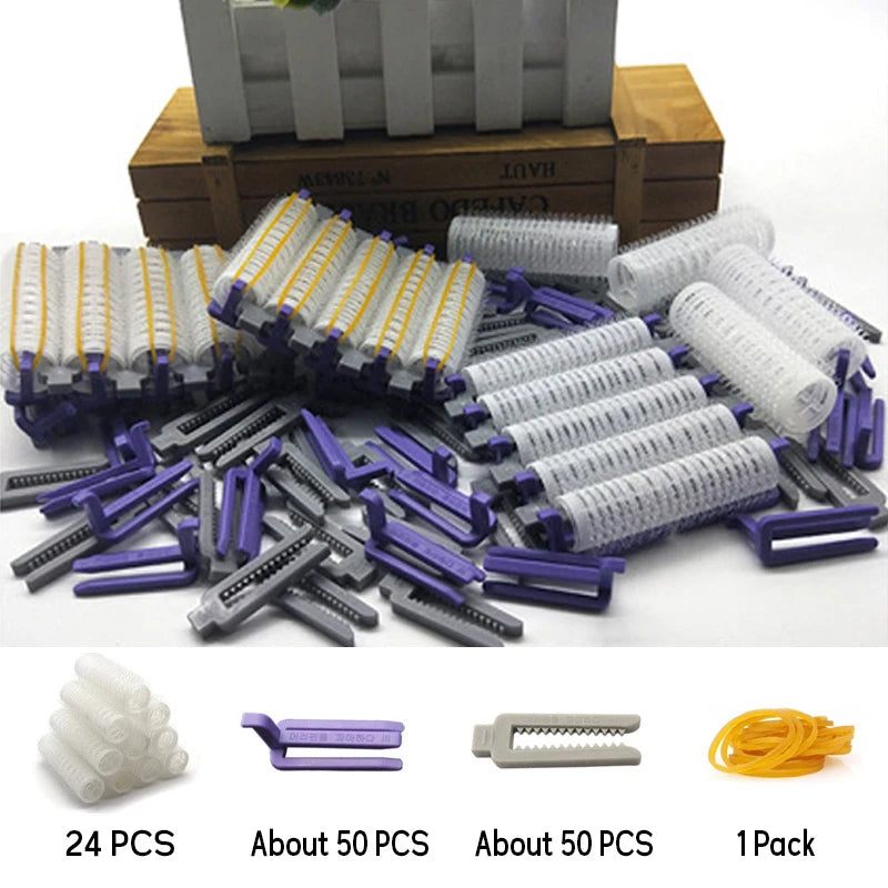 24Pcs/Set Hair Root Perm Rods Bars Curlers with Clips Comb Rubber Bands Salon Hook Loop Hair Rollers Set Hair Styling Perm Tools
