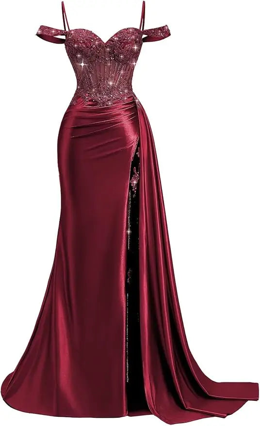 Red Off Shoulder Sexy Prom Dresses Champagne Sweetheart Beaded Formal Evening Party Gowns High Side Slit Corset 2026 Customized