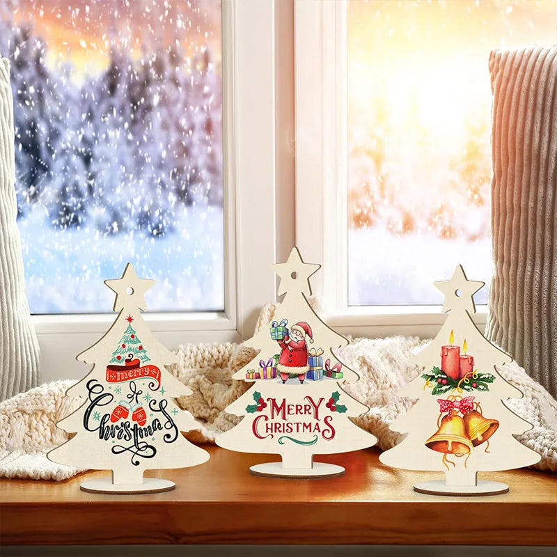 5/10/20Pcs Wooden Christmas Tree Tabletop Ornaments with Base Ropes Blank Xmas Tree Kids DIY Painting Craft Gift Home Decoration