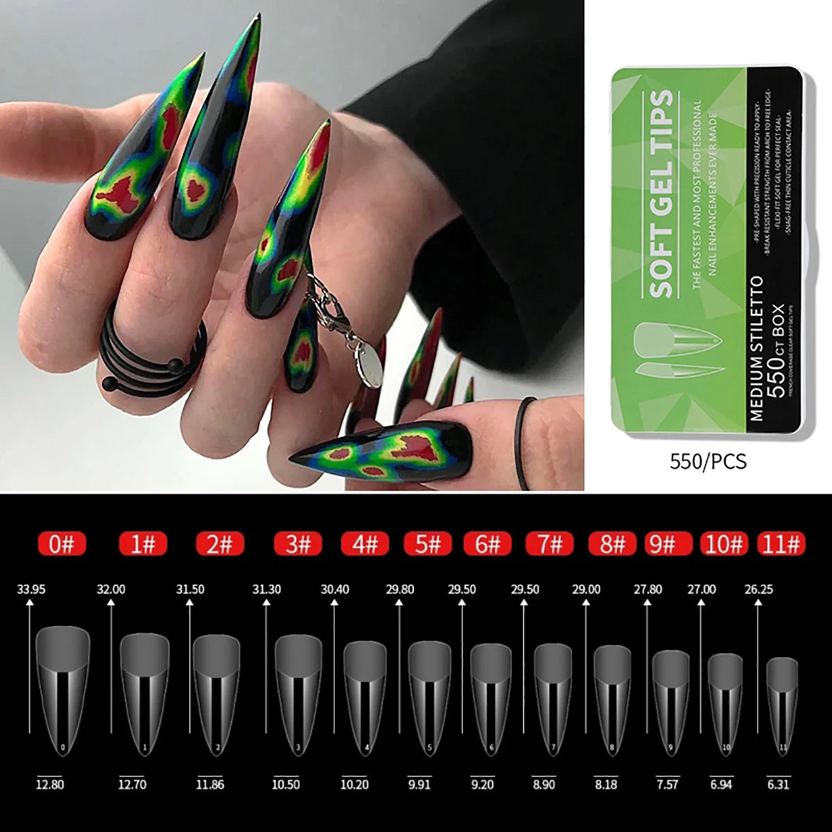 550pcs Coffin Almond Soft Gel Nail Tips False Half Cover Press On Acrylic Nails 11Sizes Fake Nails DIY Manicure Extension Tools