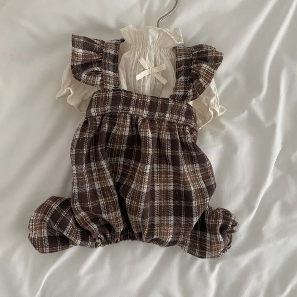 Retro Pet Plaid Strap Skirt Breathable Thin Design Dog Vest Dresses Soft Flying Sleeve Pet Clothes For Puppy Kittens