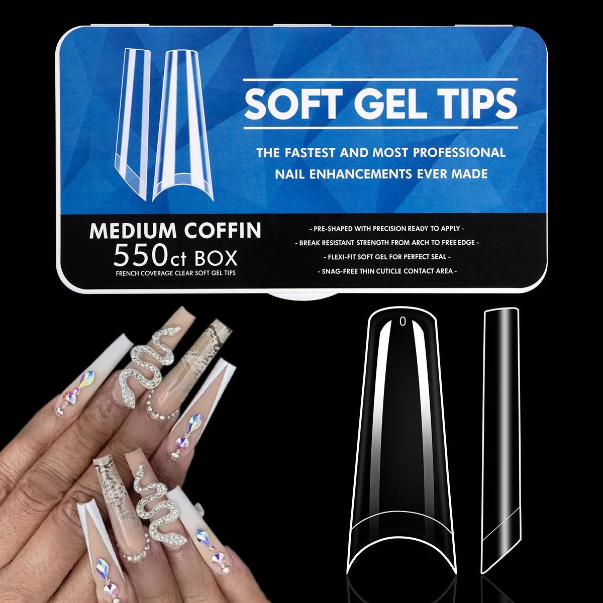 550pcs Coffin Almond Soft Gel Nail Tips False Half Cover Press On Acrylic Nails 11Sizes Fake Nails DIY Manicure Extension Tools