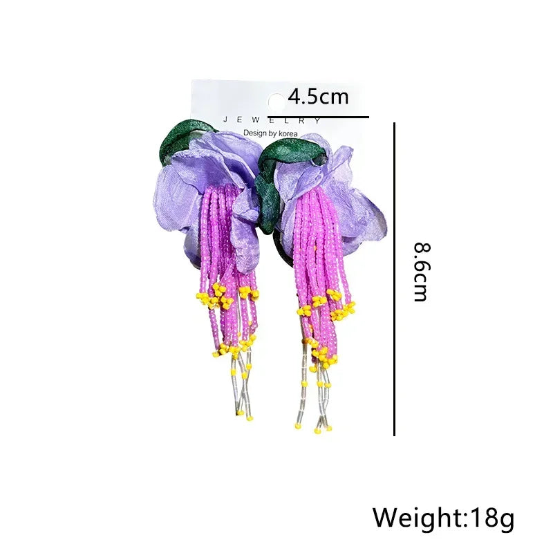 Bohemian Fabric Long Flower Earrings Big Statement Earrings Fringe Beads Drop Earrings Women Jewelry Handmade Vintage Earrings