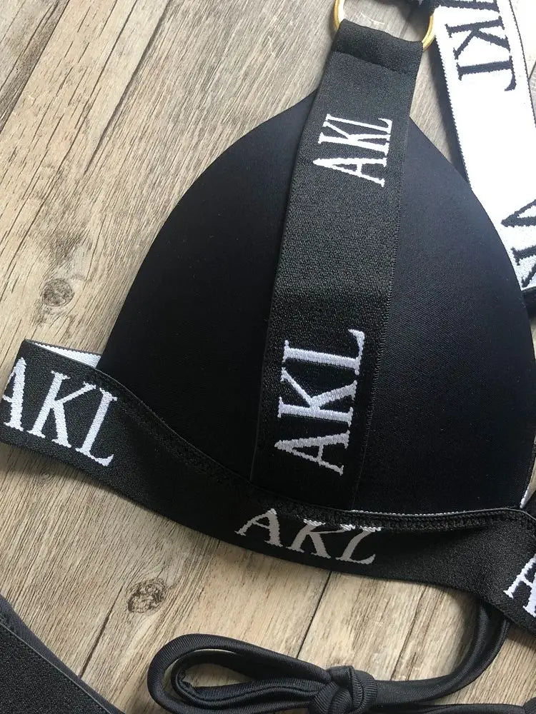 Damen-Bikini-Set 2026 mit Buchstabenprint, Push-up, Schwarz