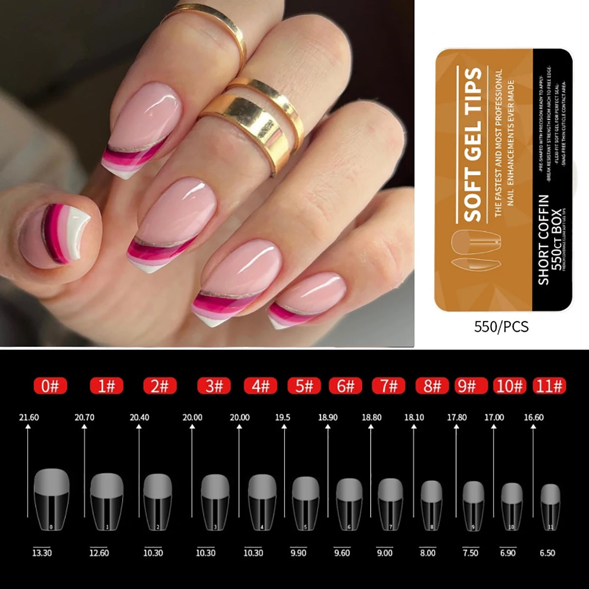 550pcs Coffin Almond Soft Gel Nail Tips False Half Cover Press On Acrylic Nails 11Sizes Fake Nails DIY Manicure Extension Tools